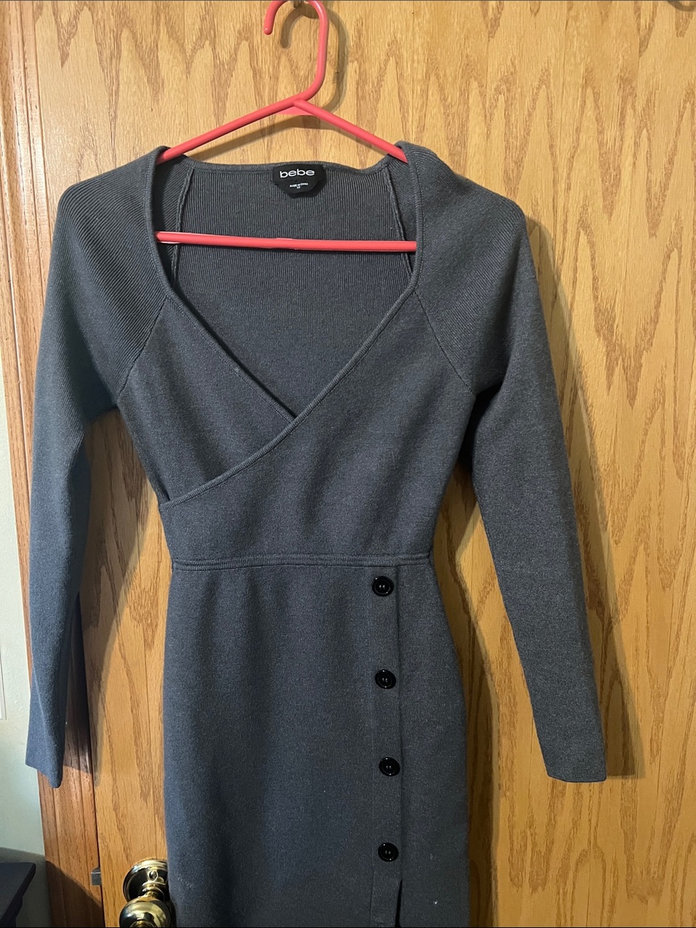 bebe Charcoal Gray Wrap Knit Long-Sleeve Dress